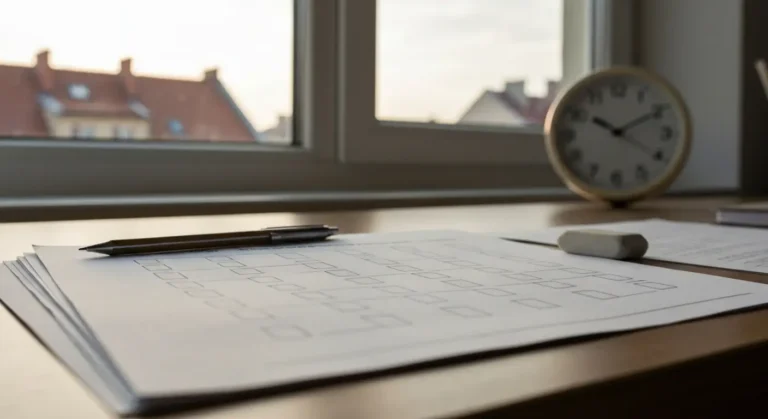 Arkusze egzaminacyjne na biurku podczas nauki w domu