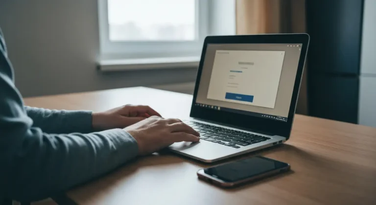 Dłonie przy laptopie z ekranem logowania podczas aktywacji profilu zaufanego w domowym biurze