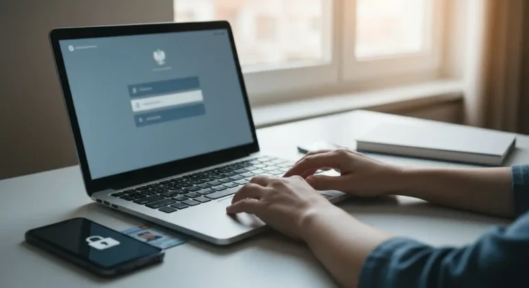 Dłonie przy laptopie z ekranem logowania, obok dowód osobisty i telefon z ikoną kłódki