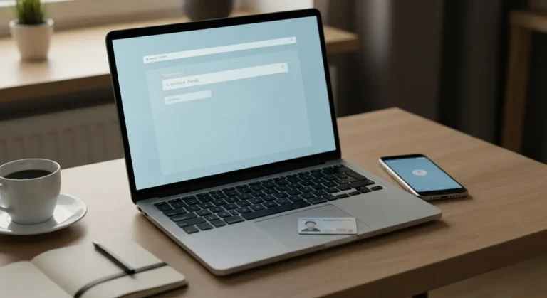 Biurko z laptopem, dowodem osobistym i telefonem podczas odnawiania profilu zaufanego online