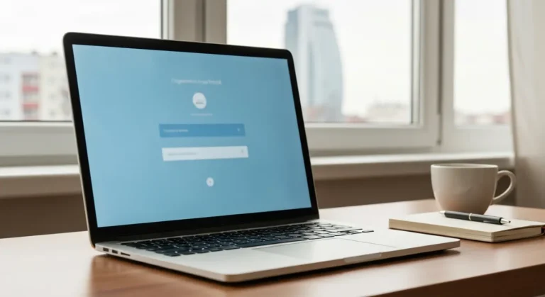 Laptop z ekranem logowania do usług rządowych na biurku, symbolizujący sprawdzanie profilu zaufanego
