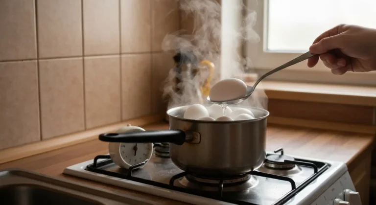 Gotowanie jajek na twardo we wrzątku w garnku z minutnikiem obok na blacie kuchennym