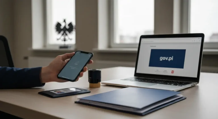 Smartfon i laptop na biurku urzędowym symbolizujące unieważnienie profilu zaufanego