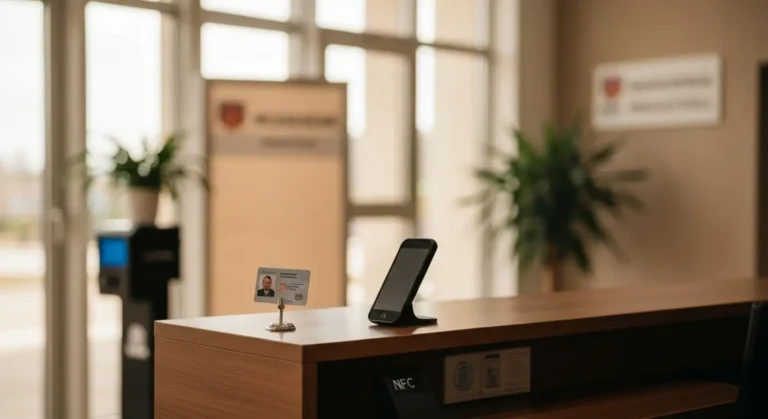 Biurko w urzędzie z dowodem osobistym i czytnikiem NFC do potwierdzania tożsamości bez banku