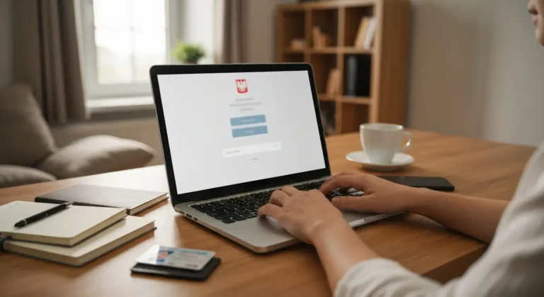 Osoba przy laptopie zakłada profil zaufany w domowym biurze, obok leży dowód osobisty i telefon