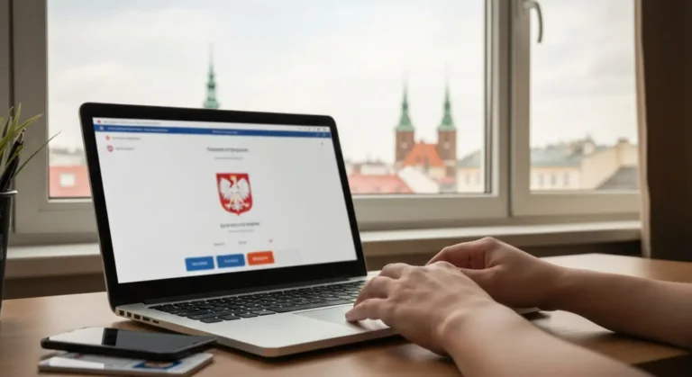 Osoba korzysta z laptopa i telefonu, aby zastrzec numer PESEL przez internetowy profil zaufany
