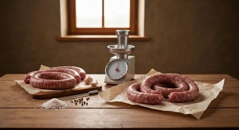 Domowa kiełbasa swojska na 10 kg - surowe kiełbasy, waga, peklosól i przyprawy na drewnianym stole