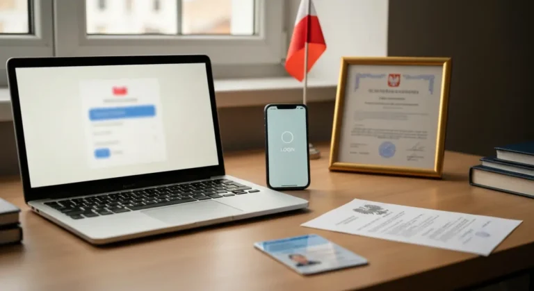 Biurko z laptopem i telefonem podczas logowania do systemu administracyjnego przez profil zaufany