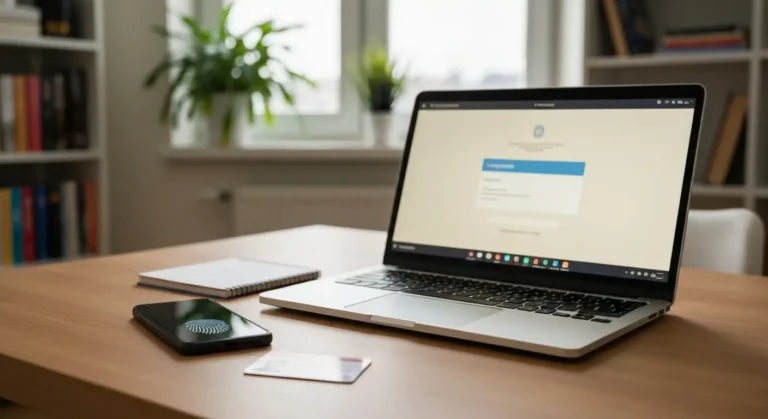 Laptop z ekranem logowania oraz dowód osobisty i telefon na biurku w domowym gabinecie