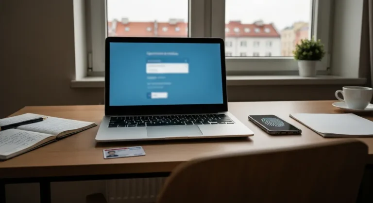 Biurko domowe z laptopem, dowodem osobistym i telefonem podczas logowania do systemu elektronicznego