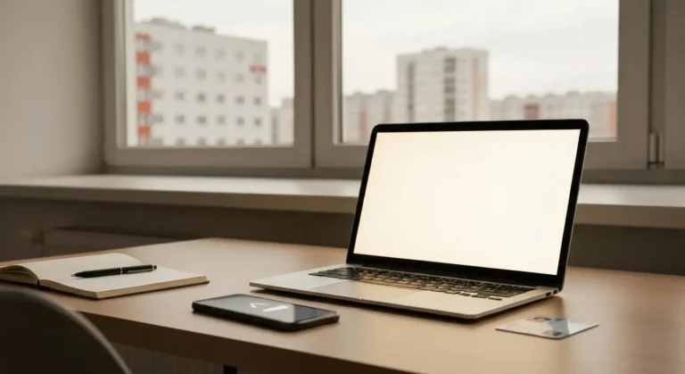 Laptop i telefon na biurku podczas logowania do e-usługi publicznej z widokiem na miasto w tle