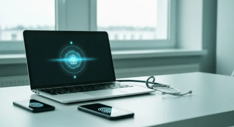 Laptop z ekranem logowania, stetoskop i identyfikator medyczny na biurku w gabinecie