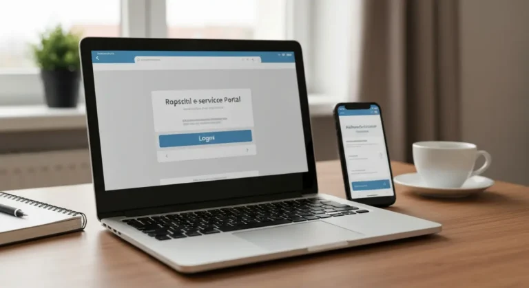 Laptop i telefon na biurku podczas logowania do elektronicznej platformy usług publicznych