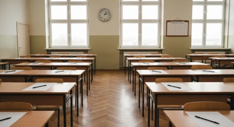 Pusta sala egzaminacyjna przygotowana do matury 2026 z ławkami i arkuszami