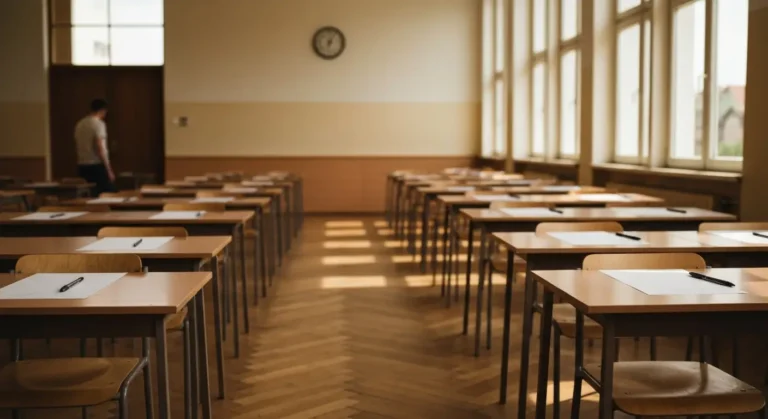 Pusta sala egzaminacyjna w liceum przygotowana do matury poprawkowej w sierpniu
