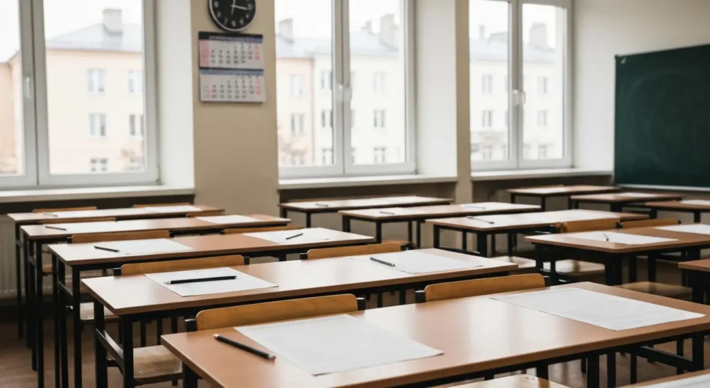 Puste ławki w sali lekcyjnej przygotowane na maturę próbną z arkuszami i przyborami