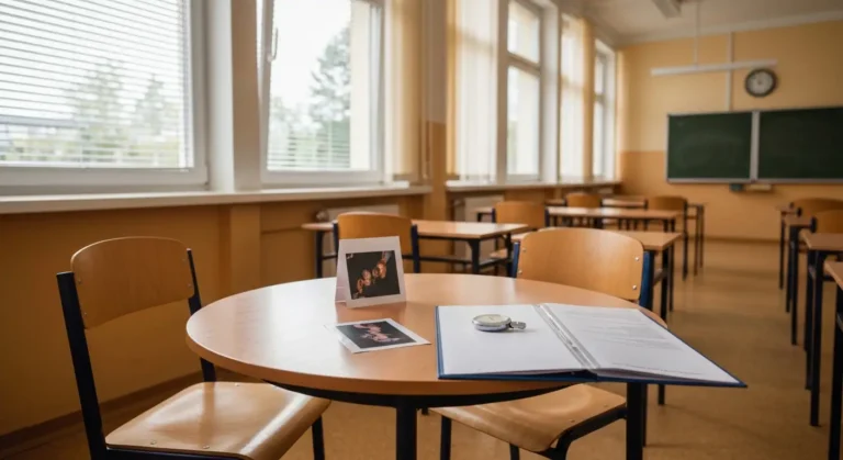Sala egzaminacyjna przygotowana do ustnej matury z angielskiego ze stolikiem i kartą z obrazkiem