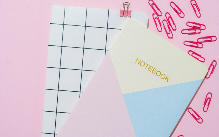 Flat lay of notebooks, paper clips, and binder clip on a pink background.